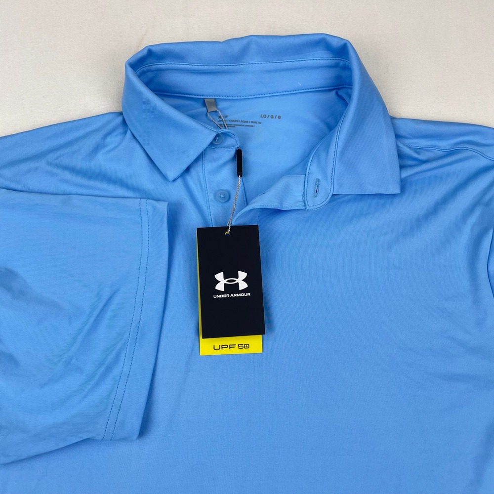 Under Armour Mens UPF 50 Loose Fit Performance Polo Shirt Light Blue Large NEW